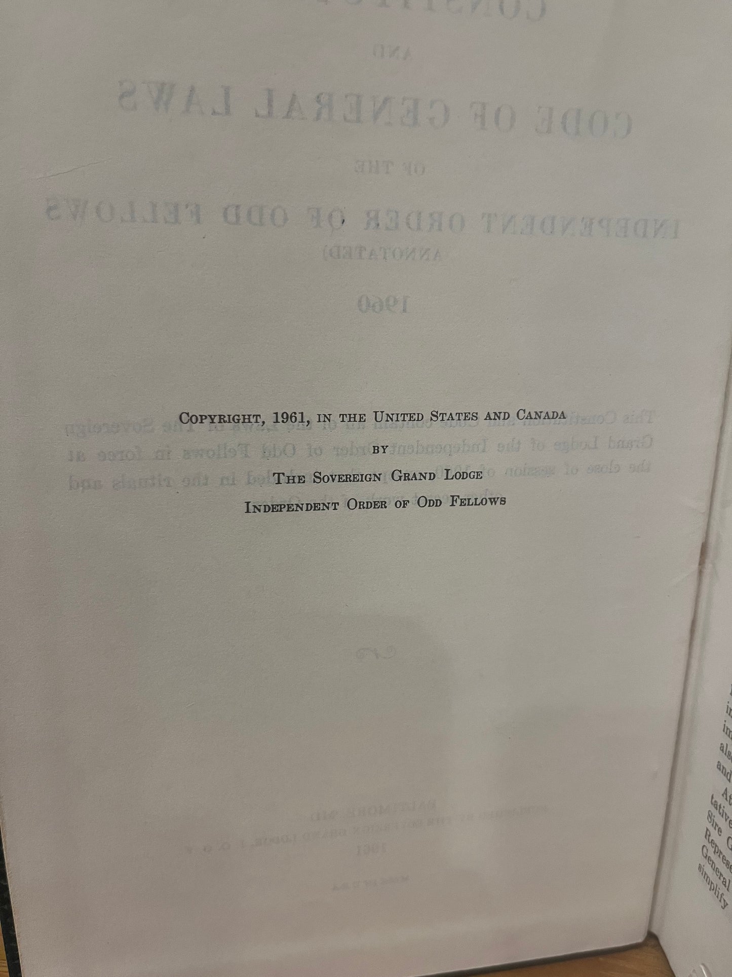 General Laws of the Independent Order of the Off Fellows 1960