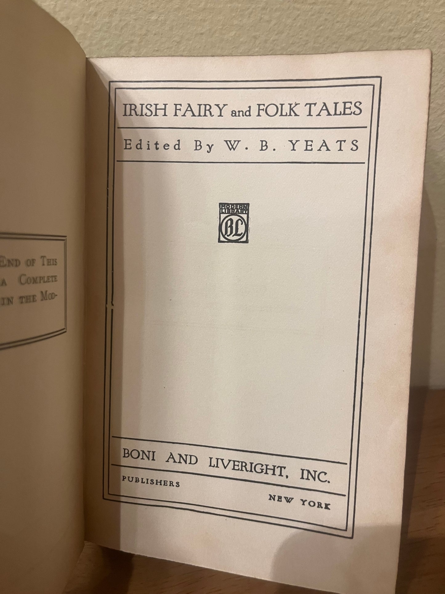 Irish Fairy And Folk Tales by W.B. Yeats 1920 Modern Library