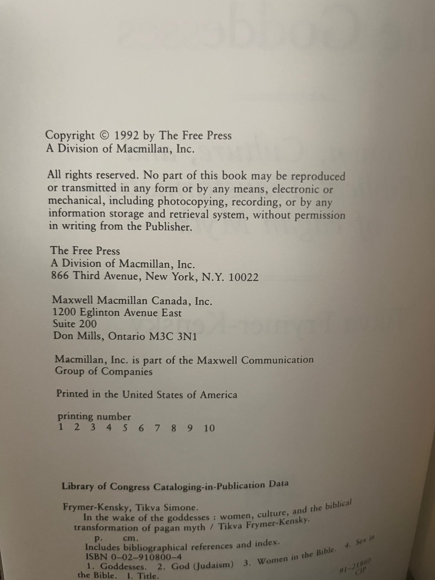 In the Wake of the Goddess by Tikva Frymer-Kensky