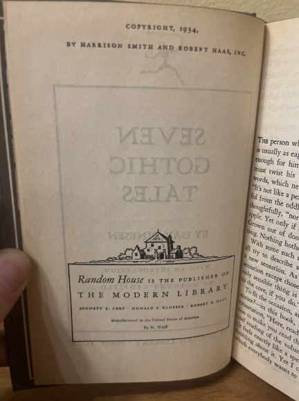 Seven Gothic Tales  by Isak Dinesen - 1934 Hardcover The Modern Library